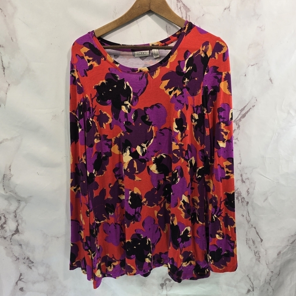 Logo by Lori Goldstein Shirt Womens Medium Red Floral Purple Tunic Long